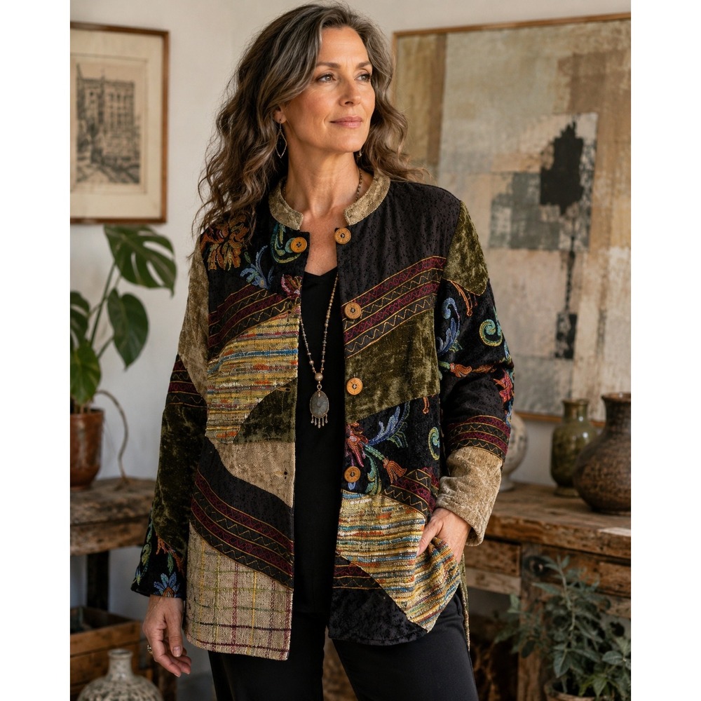 Julia Kim Patchwork Jacket Women S Velvet Embroidered Boho Artwear Coat
